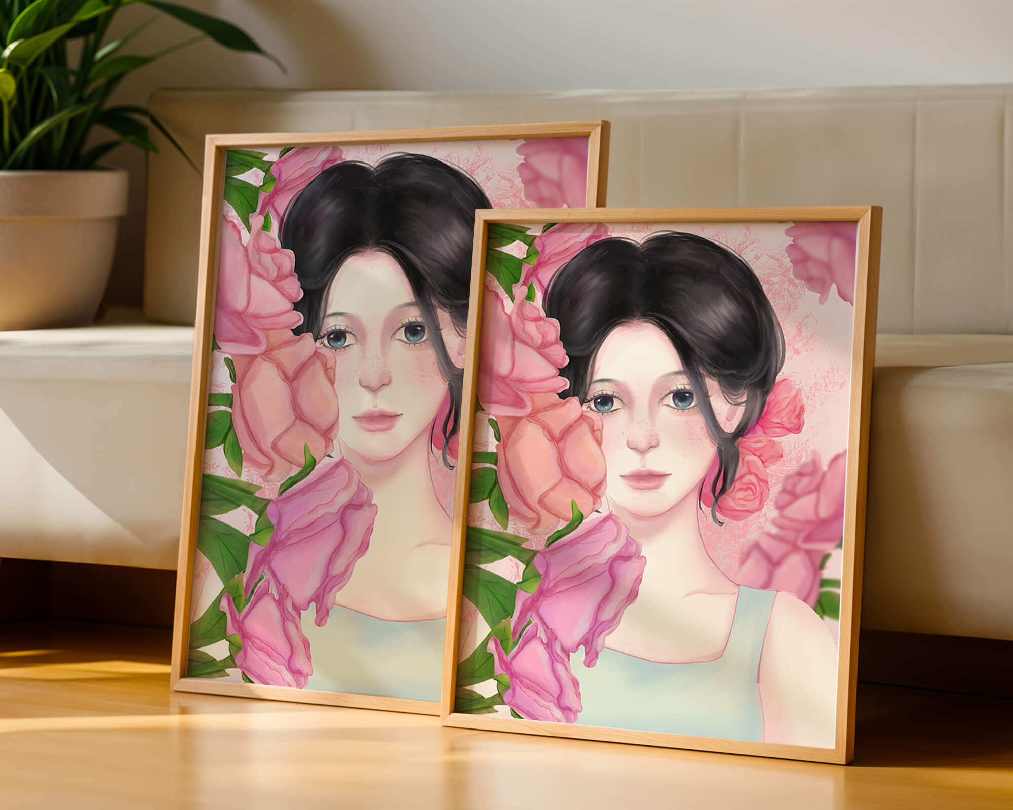 Illustration of a woman surrounded by pink roses