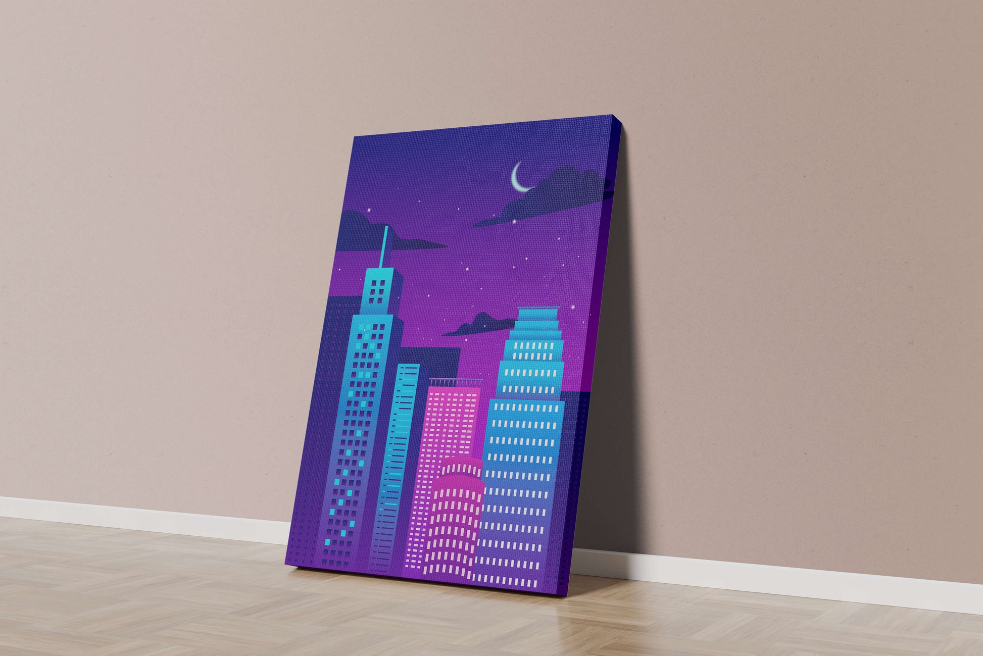 Vibrant city skyline at night with modern skyscrapers and starry sky