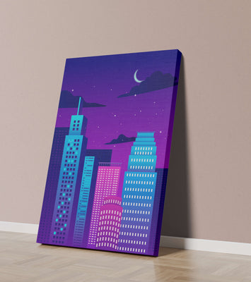 Vibrant city skyline at night with modern skyscrapers and starry sky