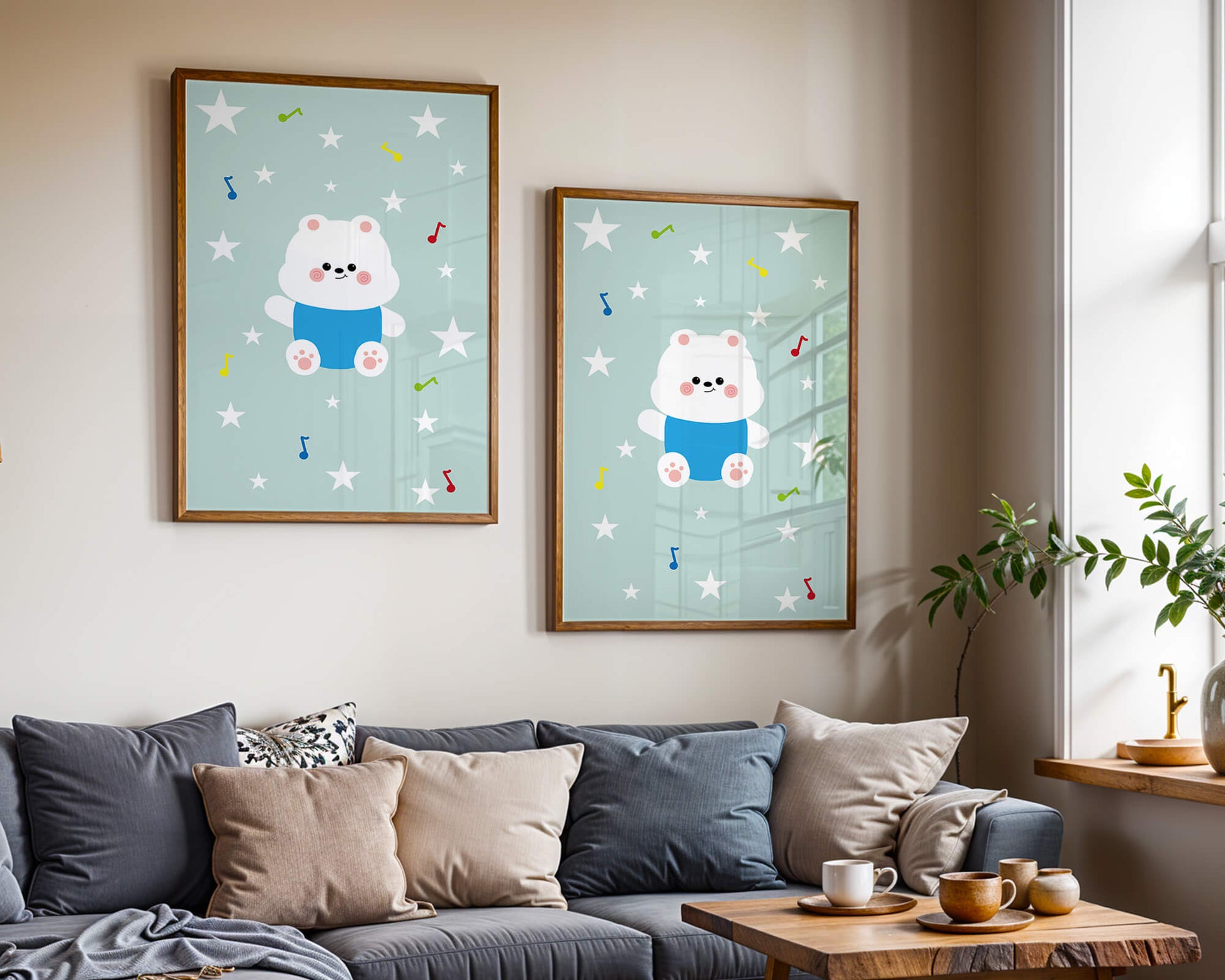 Playful bear illustration with musical notes and stars