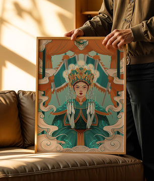 Illustration élégante d'une princesse orientale avec une tenue royale et des éléments mythiques