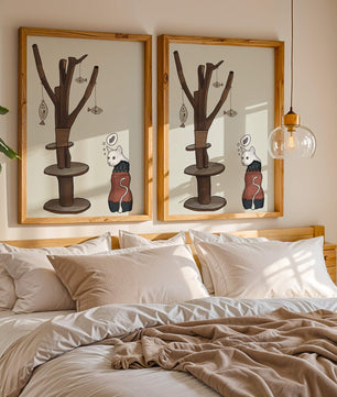Illustration of a cat tree with a thoughtful cat in a sweater