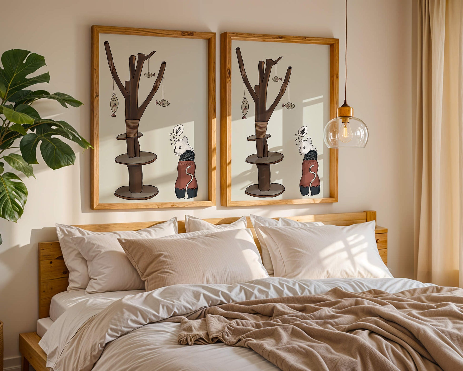 Illustration of a cat tree with a thoughtful cat in a sweater