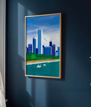 Paisaje urbano moderno con skyline y frente al agua en un estilo vibrante
