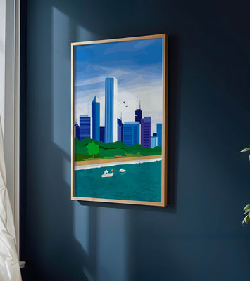Modern cityscape with skyline and waterfront in a vibrant style