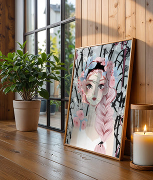 Ilustración caprichosa de una chica con cabello rosa y corona floral