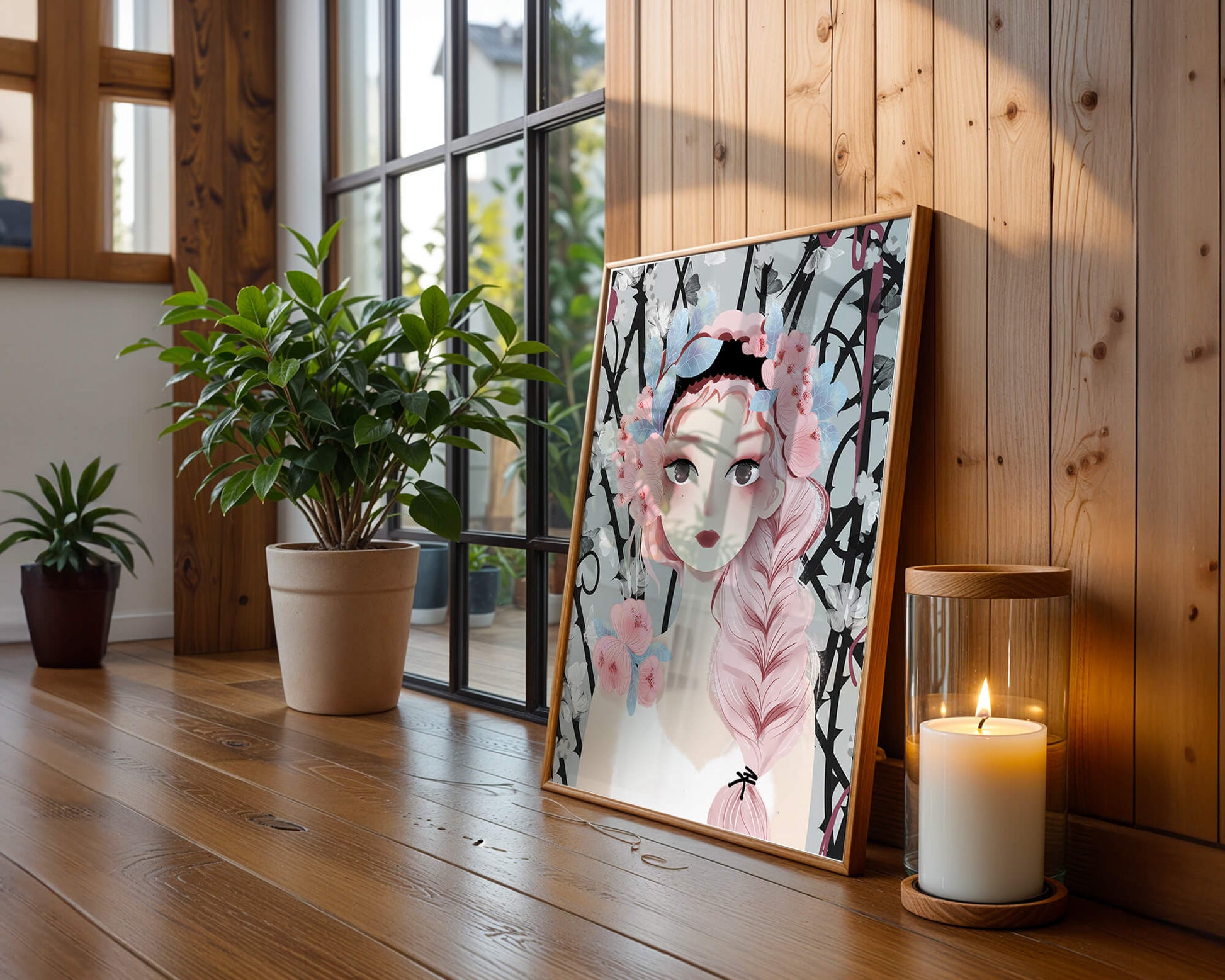 Whimsical illustration of a girl with pink hair and floral crown