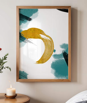 Abstract Gold and Teal Brush Strokes on White Background