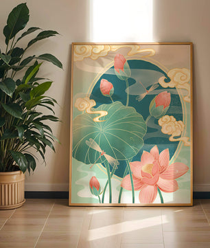 Ruhiges orientalisches Lotus-Design mit Libellen und Wolken