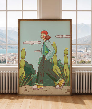 Person walking in desert landscape with cacti