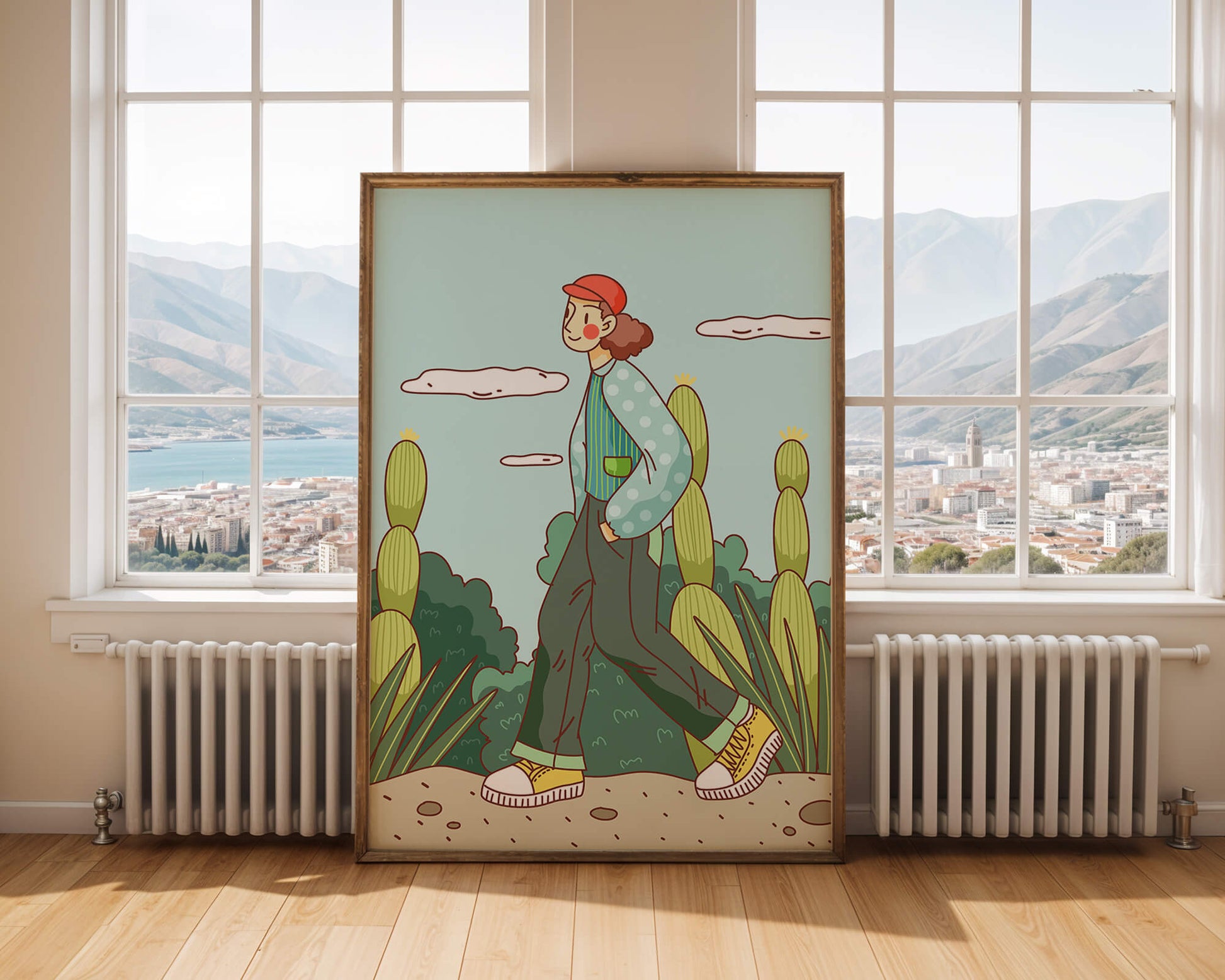 Person walking in desert landscape with cacti