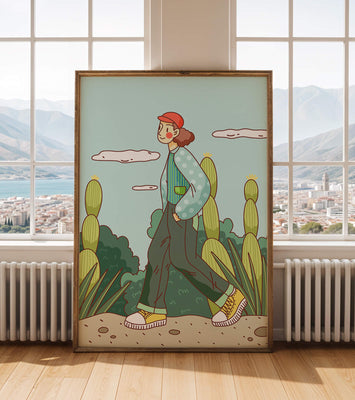 Person walking in desert landscape with cacti