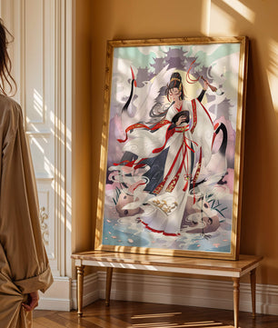 Elegant Asian Artistry with a Crane and Traditional Attire