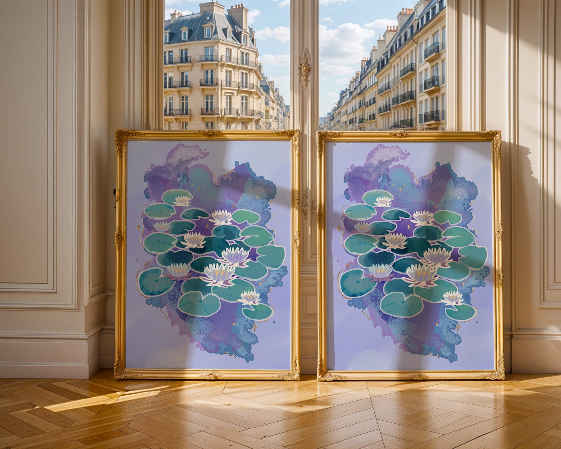 Serene aquatic scene with water lilies on abstract colorful background