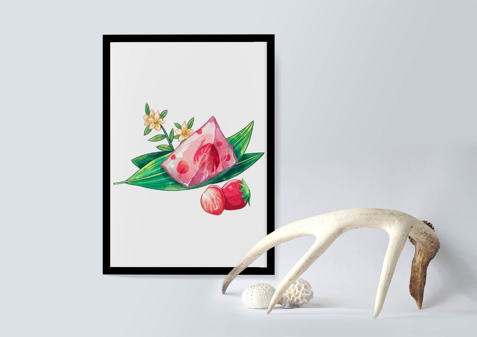 Delicate jelly dessert with strawberries and floral arrangement