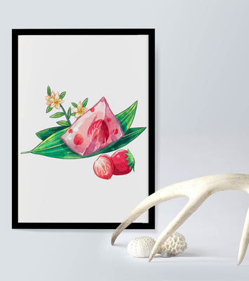 Delicate jelly dessert with strawberries and floral arrangement