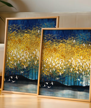 Vibrant Forest Landscape with Birds and Golden Leaves