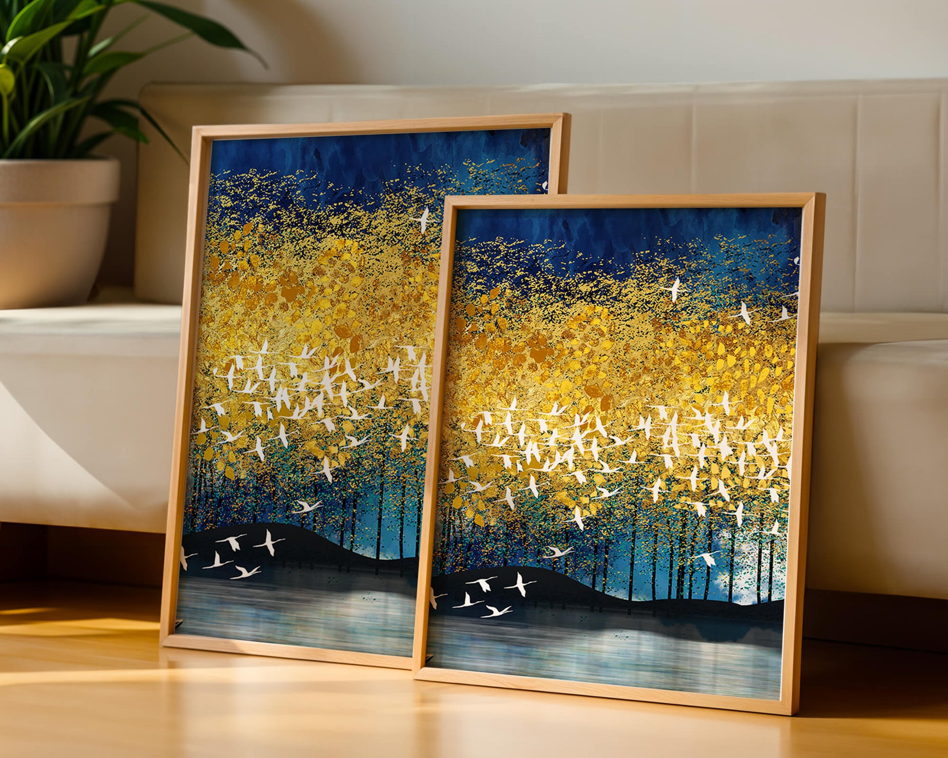 Vibrant Forest Landscape with Birds and Golden Leaves