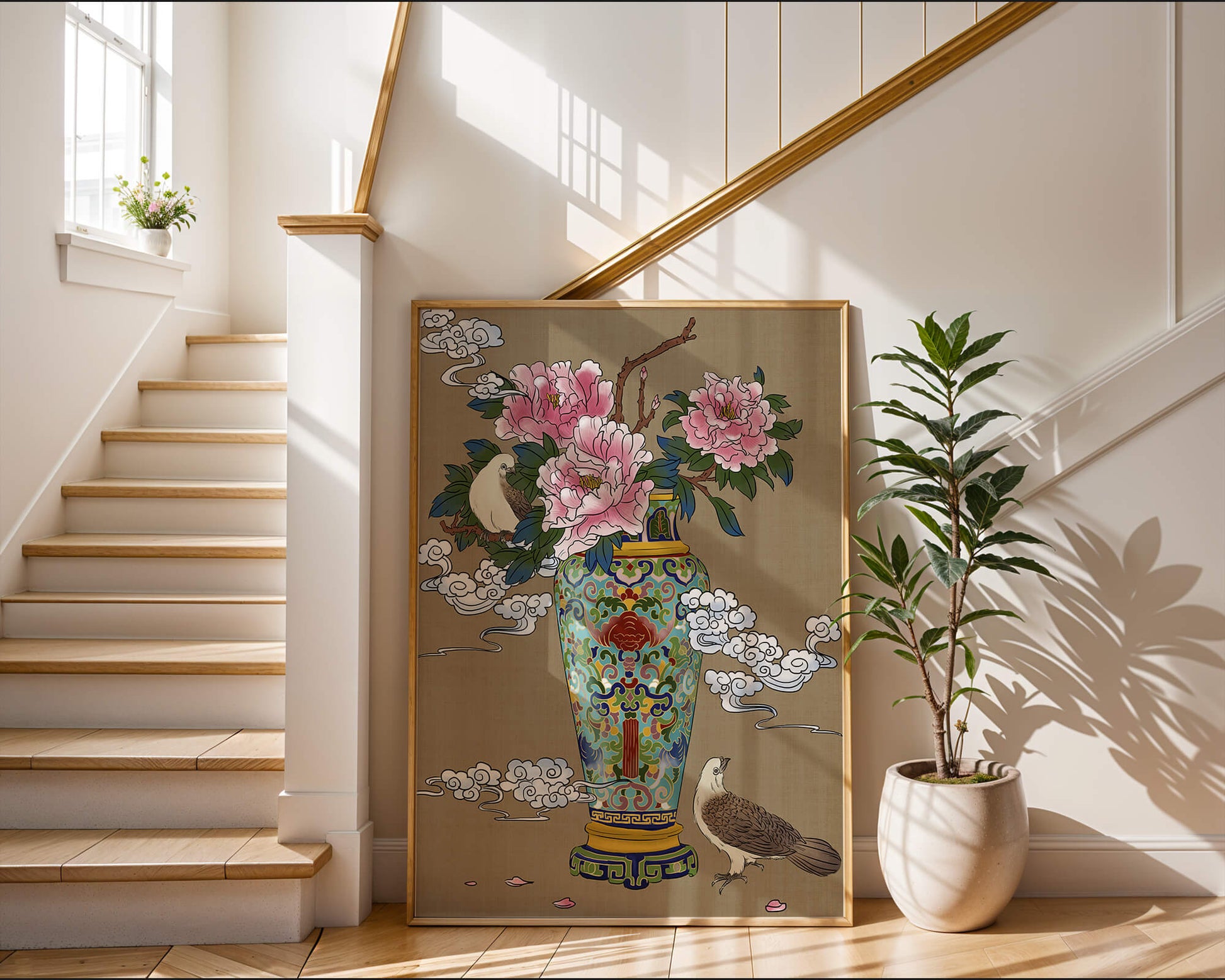 Elegant Asian Style Vase with Peonies and Birds
