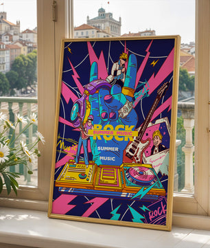 Ilustración temática vibrante de música rock con instrumentos y artistas