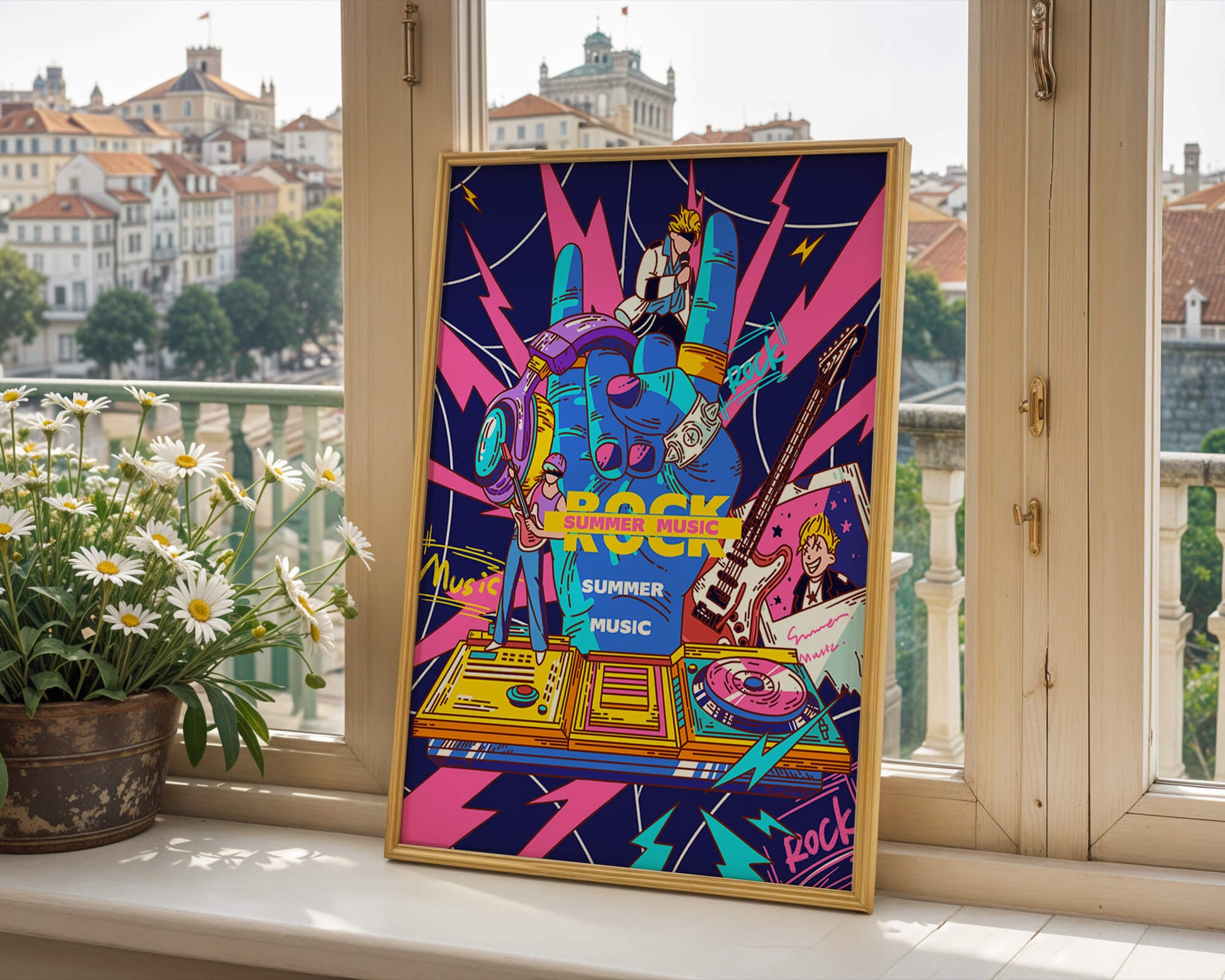 Ilustración temática vibrante de música rock con instrumentos y artistas