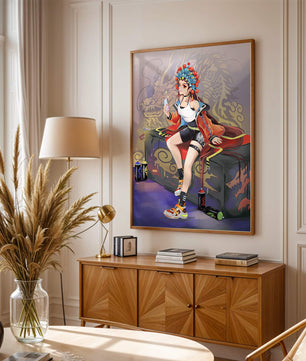 Anime art of a girl in traditional attire with urban elements