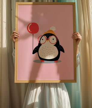 Ilustración adorable de un pingüino con globo y gafas