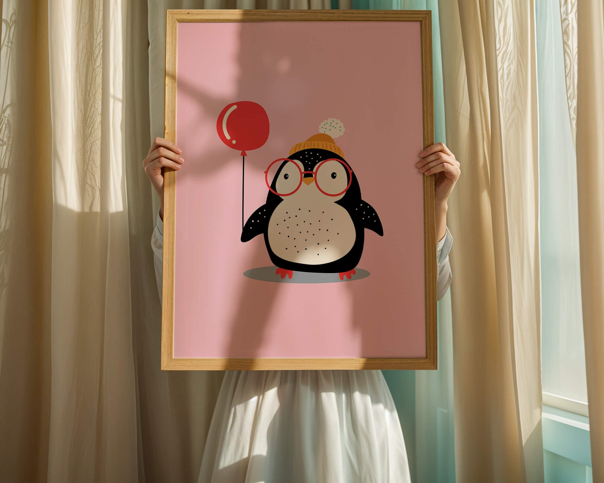 Adorable penguin with balloon and glasses illustration