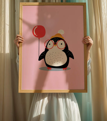 Adorable penguin with balloon and glasses illustration