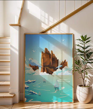 Majestic Sea Cliffs and Sailboats in Serene Landscape
