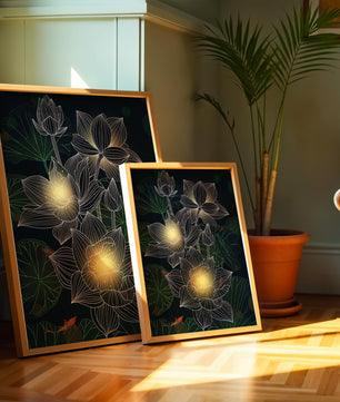 Beautiful lotus flowers with glow effect and koi fish - Mi tienda