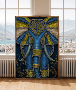 Blue and gold ornate elephant with intricate patterns