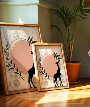 Von der Natur inspiriertes Kunstwerk mit Giraffensilhouette und botanischen Elementen