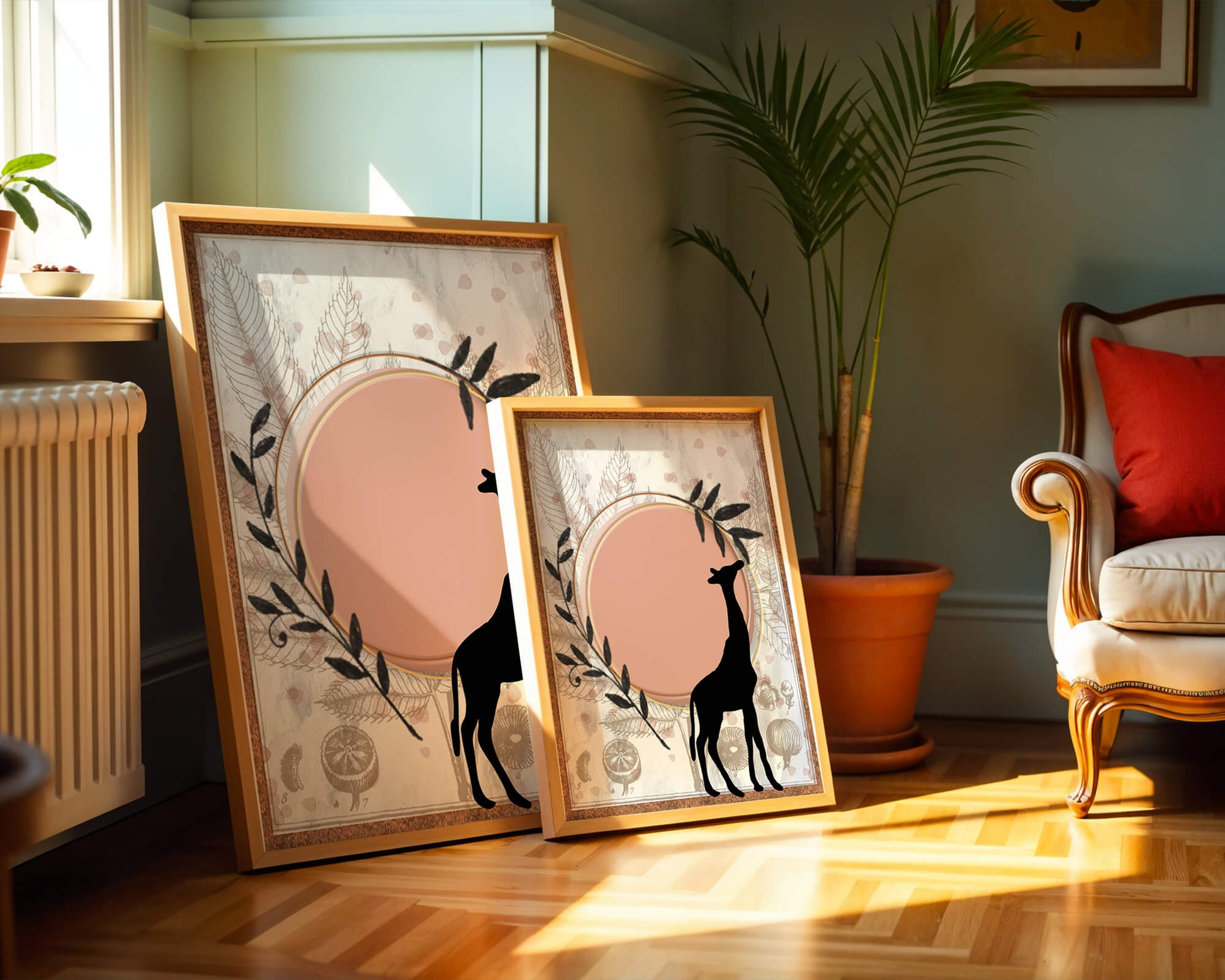 Nature-inspired artwork with giraffe silhouette and botanical elements