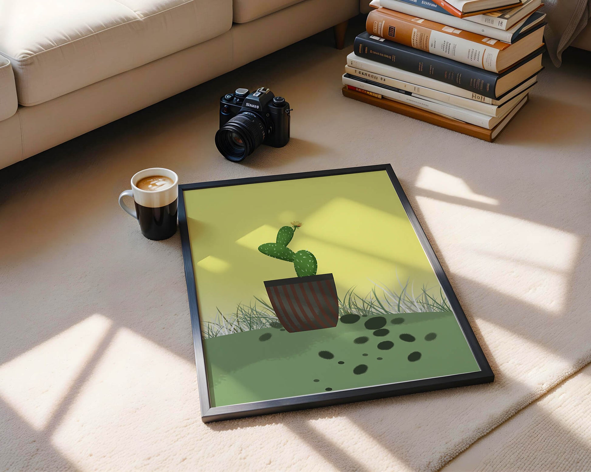Illustration of a potted cactus with flower on soft background