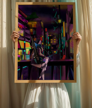 Paisaje urbano cyberpunk con un personaje futurista por la noche