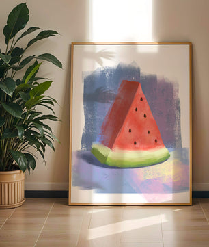 Ilustración en acuarela de una rodaja de sandía con fondo abstracto