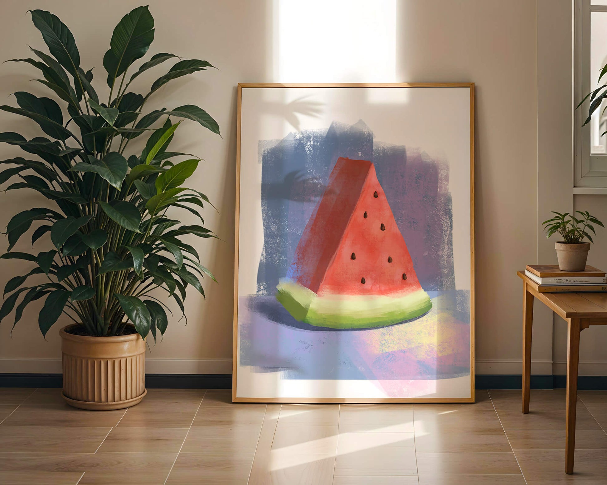 Watercolor illustration of a watermelon slice with abstract background
