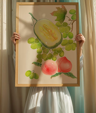 Ilustración de frutas vibrantes que incluye uvas, melón y duraznos