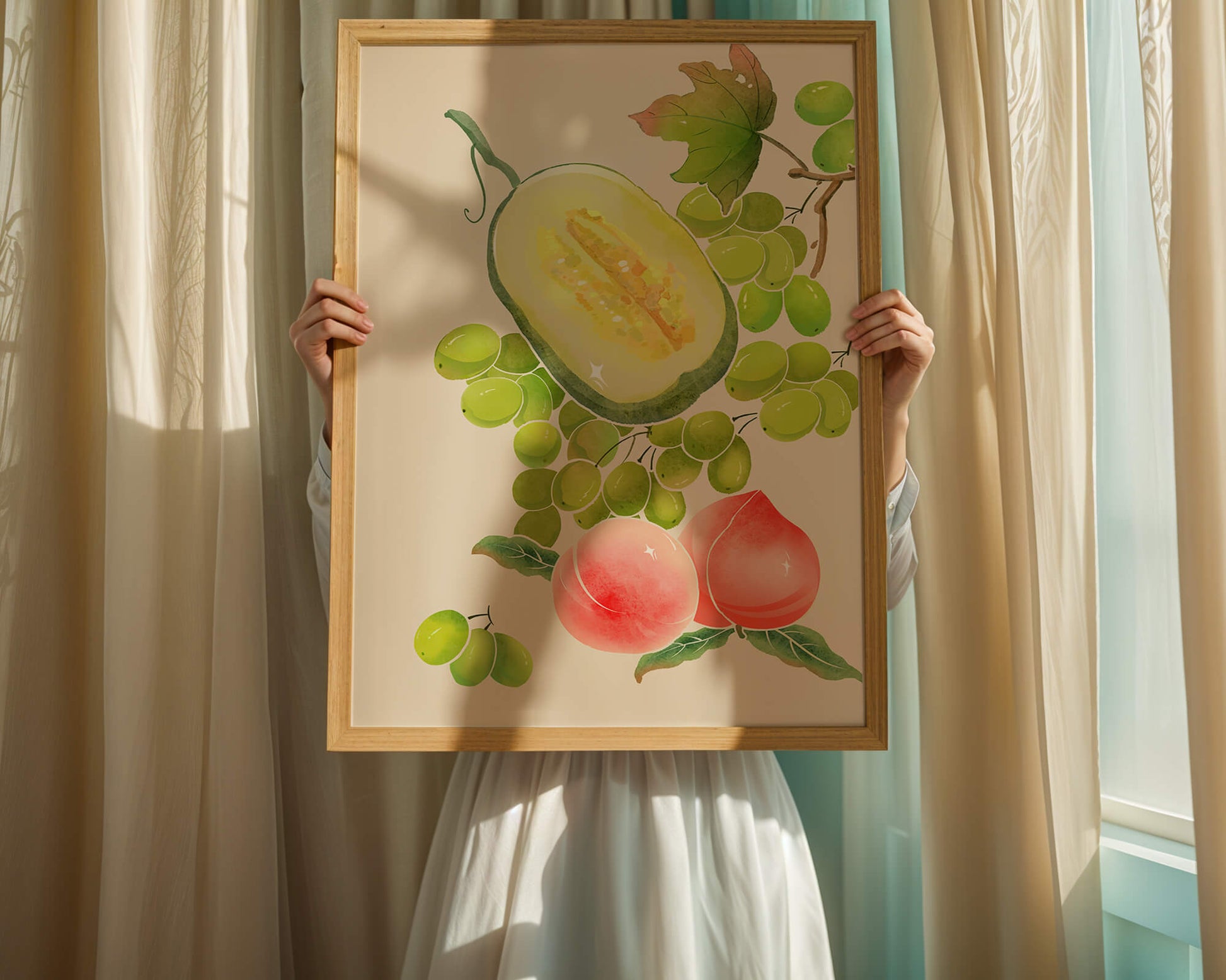 Ilustración de frutas vibrantes que incluye uvas, melón y duraznos