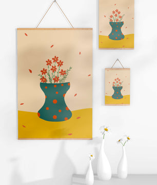 Floral Illustration with Polka Dot Vase on Colorful Background - Mi tienda