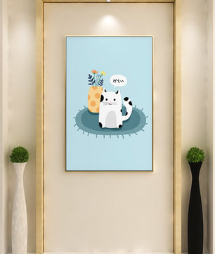 Cute illustration of a cat and flowers on a rug with a speech bubble