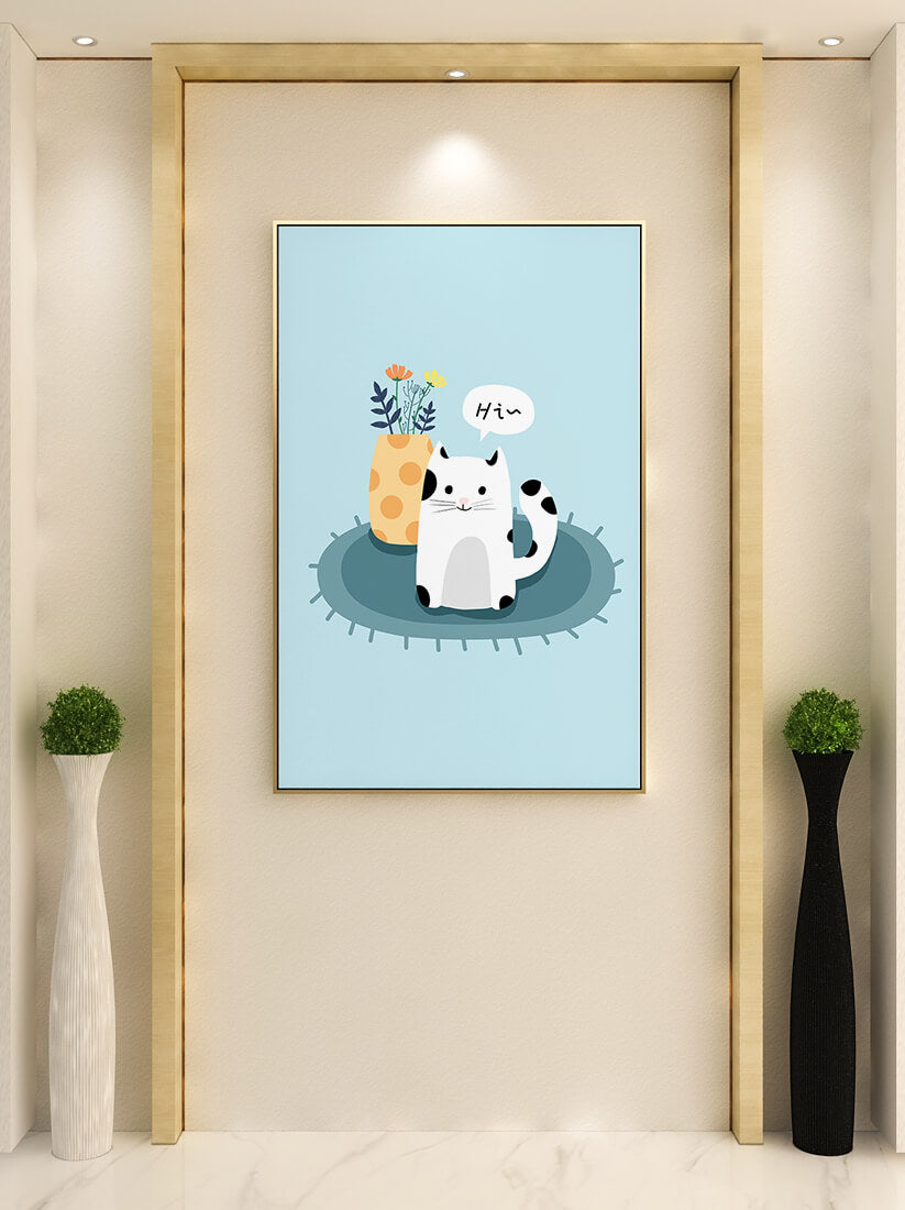 Cute illustration of a cat and flowers on a rug with a speech bubble
