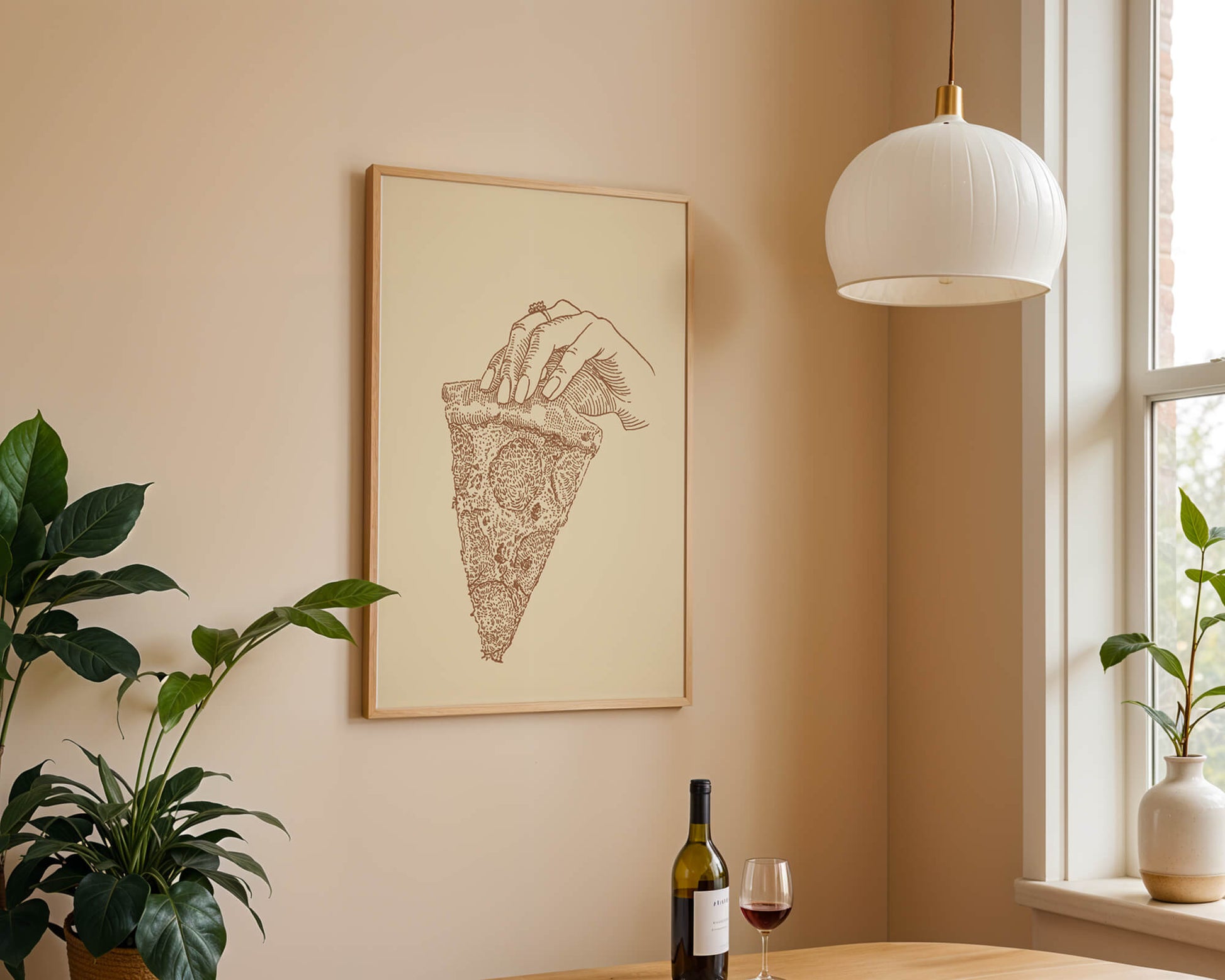 Hand holding a detailed vintage pizza slice illustration