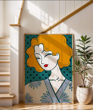 Retrato estilizado de una mujer con cabello naranja y kimono floral