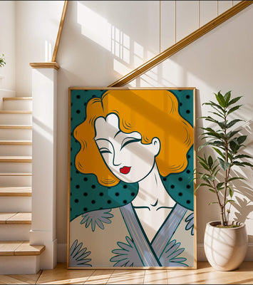Stylized portrait of a woman with orange hair and floral kimono