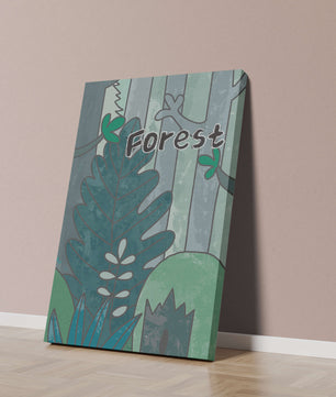 Illustrated forest scene with foliage and text