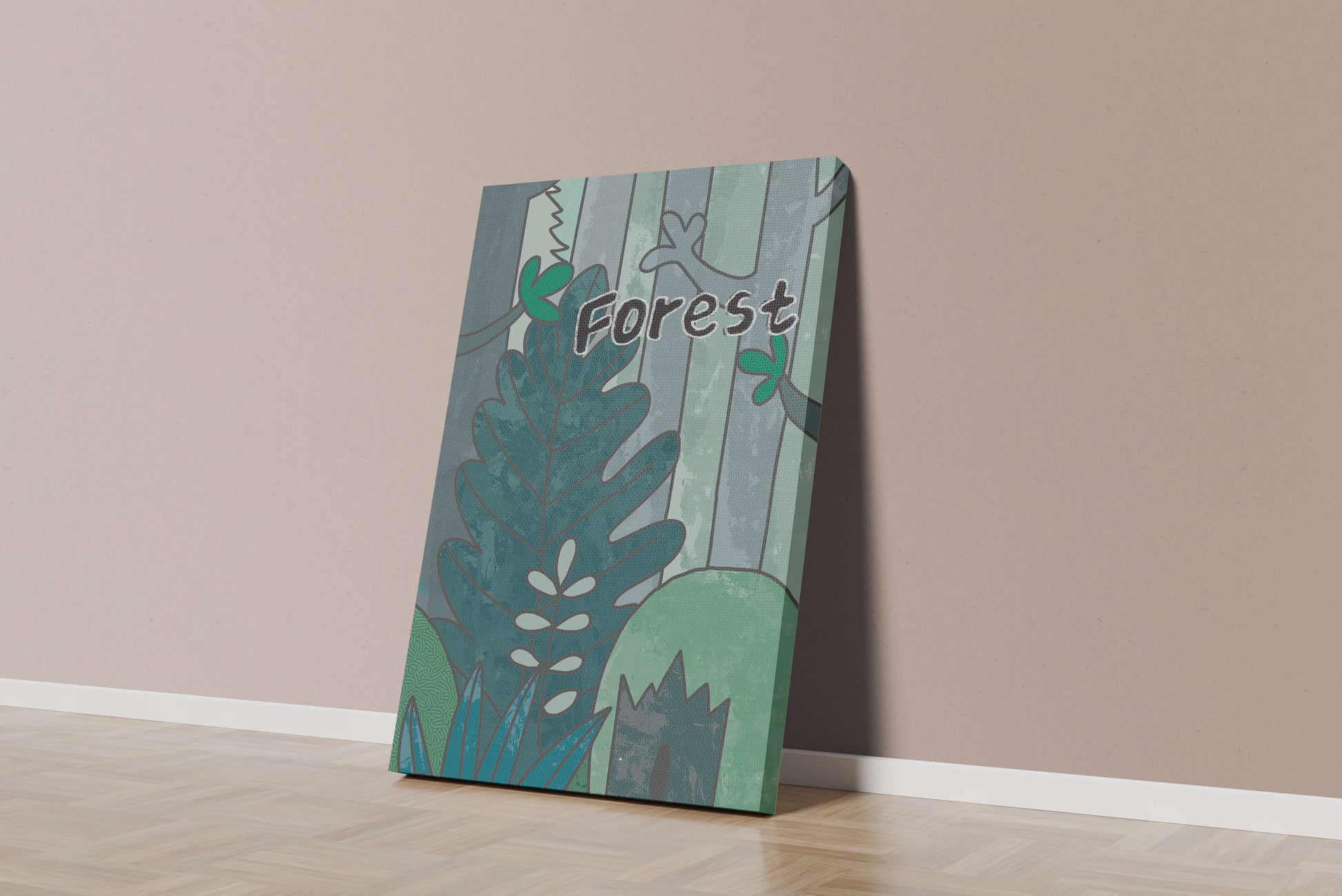 Illustrated forest scene with foliage and text