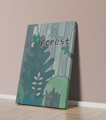 Illustrated forest scene with foliage and text