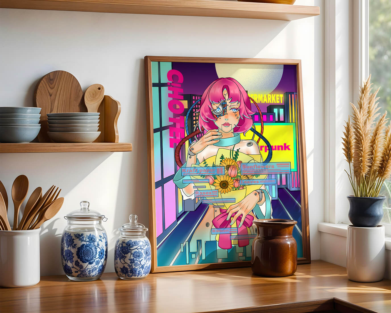 Futuristic cyberpunk woman with a bouquet of flowers in a neon cityscape